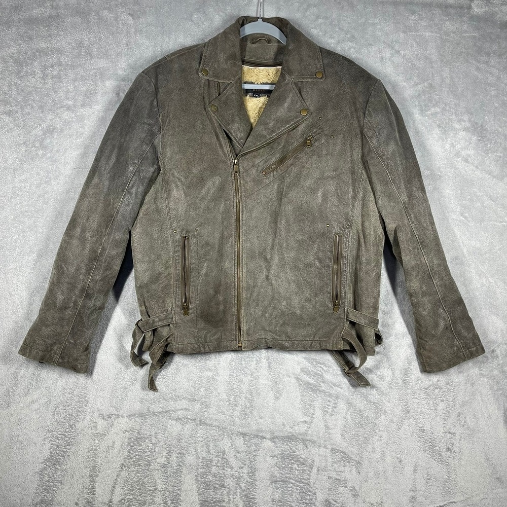 Edge Leather Biker Jacket Mens XXL Brown Removable Faux Fur Distressed READ